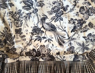 'Schumacher Birds Of Paradise' Toile - Custom Drapery - Fully Lined - Trimmed In Pleated Black & White Check