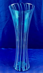 Hand Blown Art Glass Flared Vase - Aqua Blue With White Stripes - Pontil Mark On Base