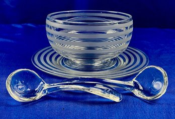 Divided Serving Bowl With Matching Saucer & Two Serving Ladles - Acid Etched Passport Stripe Design