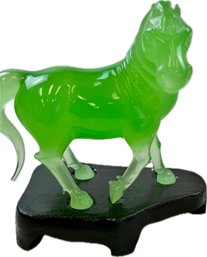 Horse Statue, Vintage Horse Figurine, Jade Glass Horse Staue With Wooden Stand