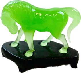 Horse Statue, Vintage Horse Figurine, Jade Glass Horse Staue With Wooden Stand