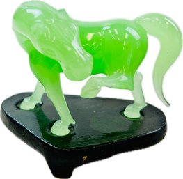 Horse Statue, Vintage Horse Figurine, Jade Glass Horse Statue With Wooden Stand