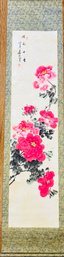 Chinese Silk Banner/scroll With Peonies & Chinese Characters