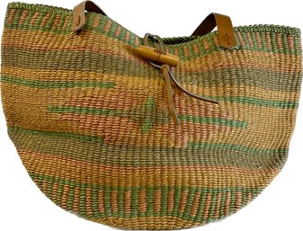 Woven Sweetgrass Satchel With Loop Closure, Linen Interior, & Leather Straps
