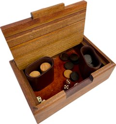 Hand Made Wooden Box With Inlay - Includes Checkers, Dice, & Dice Cups