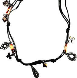 Leather Lariat With Charms - Hearts, Shamrocks, Amber Beads, & Additional Charms On Long Leather Strands