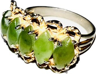 Vintage Gold Tone Cocktail Ring With Five Marquis Shaped Jade Stones  - Estimated Size 7