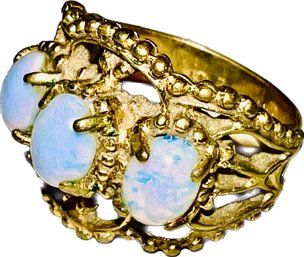 Vintage Gold Tone Cocktail Ring - Three Cabochon Opals - Estimated Size 7