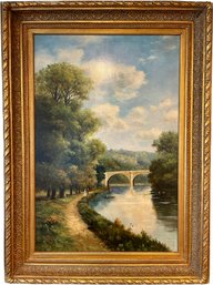 Large Framed Canvas Giclee Print - 1800s Scene Bridge Over River - Nearly 3 Ft Wide X 4 Ft High
