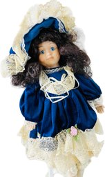 Porcelain Doll With Blue Velvet Dress - 16 Inches