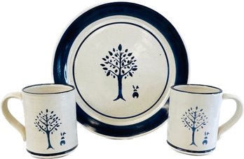 Ceramic Mugs & Serving Plate With Tree & Bunny Motif - Signed 'Spectrum LTD - 1981 - Wilmington, NC'