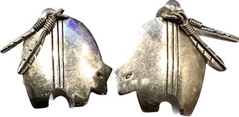 Vintage Sterling Silver Native American Style Earrings - Bear Figures & Loose Feathers- Signed 'Sterling'