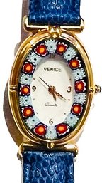 Italian Wristwatch With Murano Glass Inset Paperweight Beads, Leather Lizard Embossed Band - Signed 'Venice'