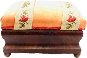 American Empire Footstool With Needlepoint Upholstery Accent