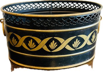 Toleware Planter With Reticulated Rim & Gold Ring Handles