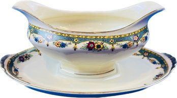 AMC China Made In Germany 1930 - Gravy Boat With Attached Bottom - - Teal And Yellow Swag - ACC3 Pattern