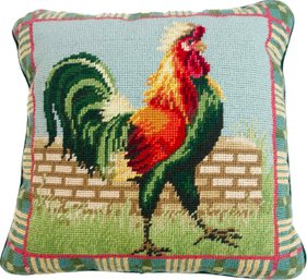 Vintage Rooster Needlepoint Pillow With Green Velvet