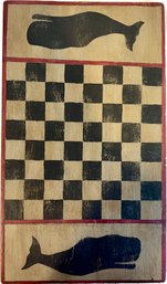 Vintage Wooden Folk Art Style Checkerboard With Whale Motif