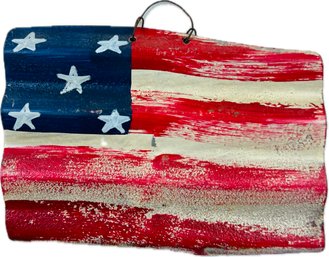Hand Painted American Flag Folk Art Decor - Corrugated Steel Fragment
