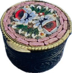 Italian Lidded & Hinged Pill Box With Stone Mosaic Lid - Signed 'Italy'
