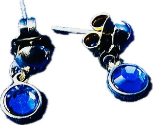 Dangle Silver Tone Earrings With Faceted Blue Stones