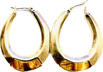 Vintage Gold Tone Hoop Earrings With Tiger's Eye Inlay