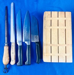 Dansk Knife Block With Collection Of Knives & Knife Sharpener - Woodblock Signed 'Dansk International'