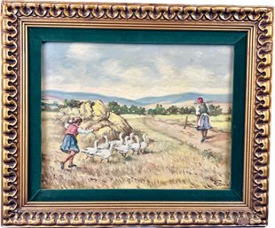 Original Oil Painting - Charming Scene - Two Young Figures With Geese In The Field - Signed Lower Right