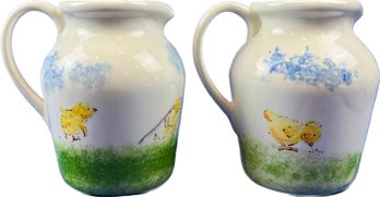 Handmade &  Painted Pottery Pitchers Depicting Chickadees, Snails, Clouds, & Pasture - Charming Set!