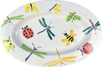 Large Ceramic Serving Tray - Lady Bugs, Dragon Flies, Butterflies, & Bees -Signed 'Trish Richman - At Home'