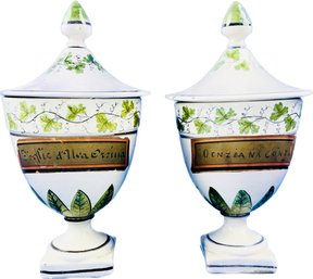 Antique Italian Majolica Covered Urns With Grape Vine Details & Italian Writing On Front Of Each
