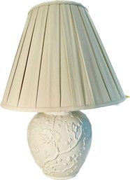 Large Chinoiserie Ginger Jar Ceramic Table Lamp With Cherry Blossom Relief & Neutral Pleated Linen Shade