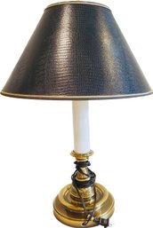 Brass Table Lamp & Black Shade With Embossed Lizard Surface & Gold Trim Accents - 22' Tall