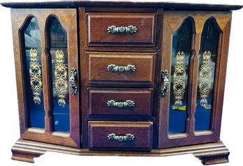 Vintage Jewelry Box Designed To Resemble Furniture - Glass Doors Open To Compartments, Tons Of Storage