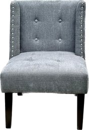 Contemporary Tufted Chair, Pewter Tacking, Grey Fabric, Ebony Legs