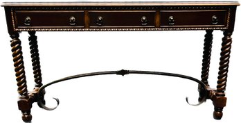 Elegant Console Table - Inlaid Surface, Finished Custom Glass Cover, Rope Spool Legs, Brass Finish Stretcher