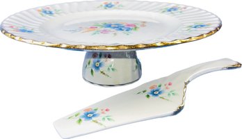 English Porcelain Pedestal Cake Plate & Matching Cake Server - Signed 'Royal Crown - Staffordshire, England'