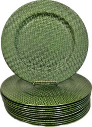 12 Green Plastic Chargers - 13 Inch Diameter - Lovely Raised Weave Pattern