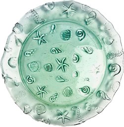 Green Glass Serving Piece With Seashell & Sea Star Design