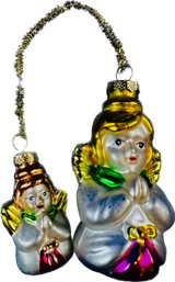 Glass Double Angel Ornament On Gold Wire