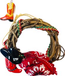 Hand Painted Porcelain Cowboy Boot Ornament & Western Grapevine Wreath Ornament With Boot, Hat, & Bandana