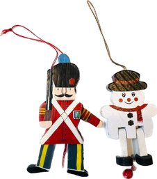 Two Vintage Wooden Pull Puppet Christmas Ornaments