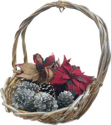 Basket Of Silver Pine Cones And Poinsettia Clip On Decorations
