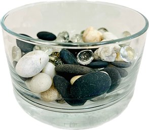 Collection Of River & Glass Garden Stones In Clear Glass Vase