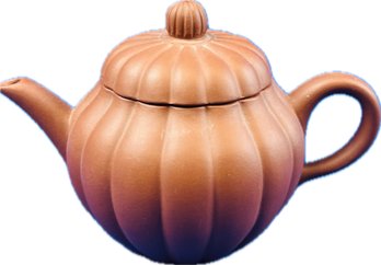 Chinese Earthenware Pumpkin Shaped Tea Pot - Signed On Base