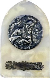 Silver Plated Madonna & Child On Marble Plaque With Brass Easel - Signed 'Made In France'