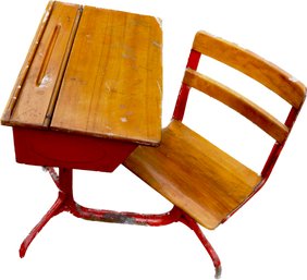 Vintage Student's Desk With Flip Top Storage & Pencil Groove - Iron Base - Attached Swivel Chair