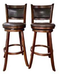 Pair Of Swivel Bar Chairs - Faux Leather Seats And Back