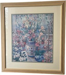Large Framed Floral Still Life Print - Flowers Displayed In Chinoiserie Porcelain Pots - Approximately 27 X 32