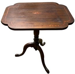 Vintage Tilt-Top Tea Table - Satinwood Conch Shell & String Inlay, Heart Shaped Corners, Center Pedestal